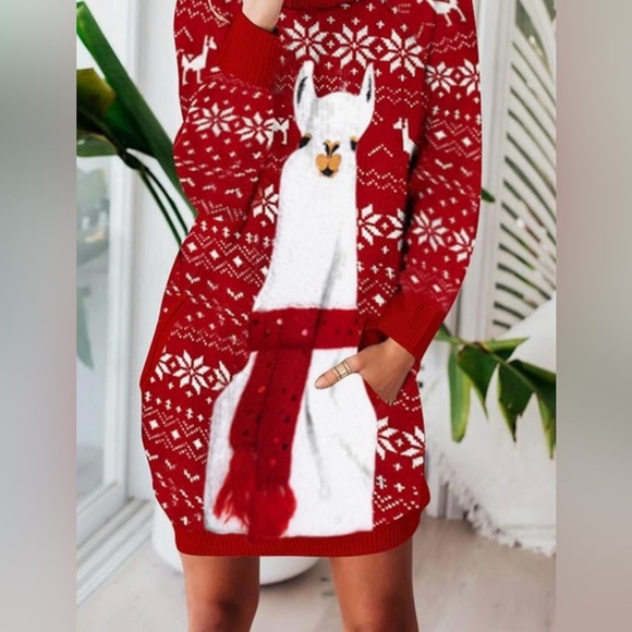 Alpaca Women Turtleneck Loose Print Christmas Long Sweater Dress with Pockets M - Picture 10 of 12